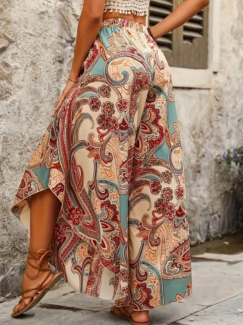 Plus Size Bohemian Paisley Print Women Pants Summer, Beach, Vacation Elastic Waist Casual Wide Leg Trousers