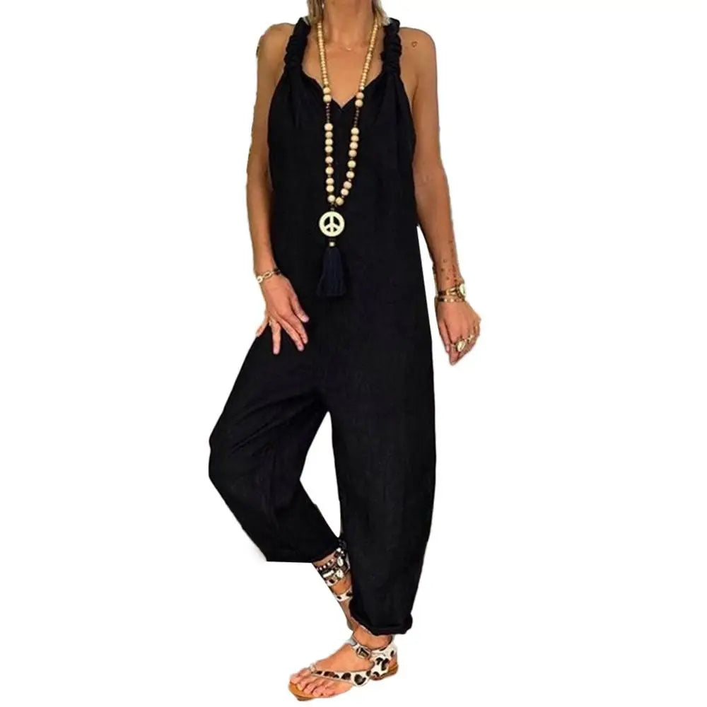 Women Casual Backless Solid Colour Sleeveless Jumpsuit