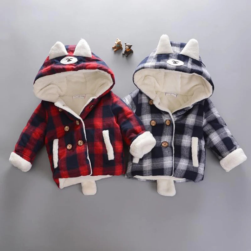 Keep Warm Autumn Winter Boys Coats Cotton Thicken Baby Jacket Fashion Plaid Hooded Children Outerwear 1 2 3 4 Years Kids Clothes