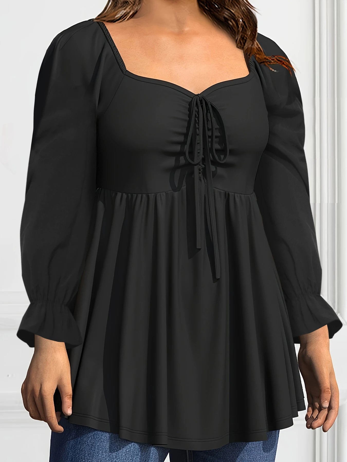 Women Square Collar Plus Size Top Long Sleeve Drawstring Bandage Pleated Medium Stretch Solid Casual Top