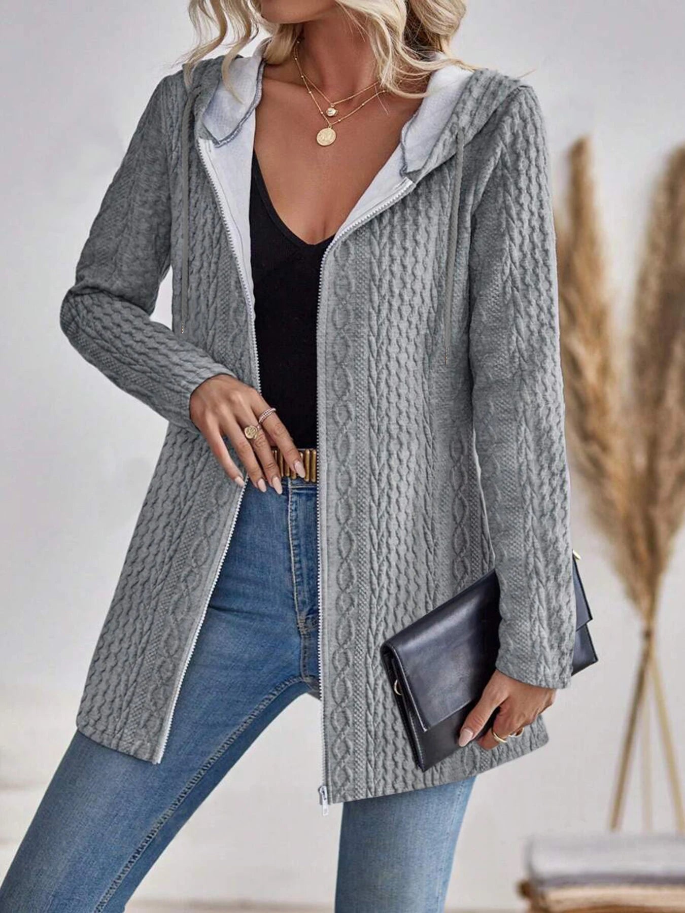 Elegant directional women's fashionable texture solid colour zipper hooded zip-up.  S-2x