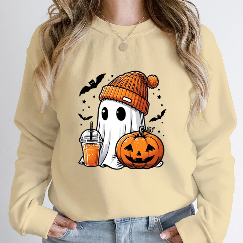 Unisex Fashion Halloween Ghost Pumpkin Bat Print Pullover Ladies Long Sleeve Halloween Sweatshirts.   S-2X