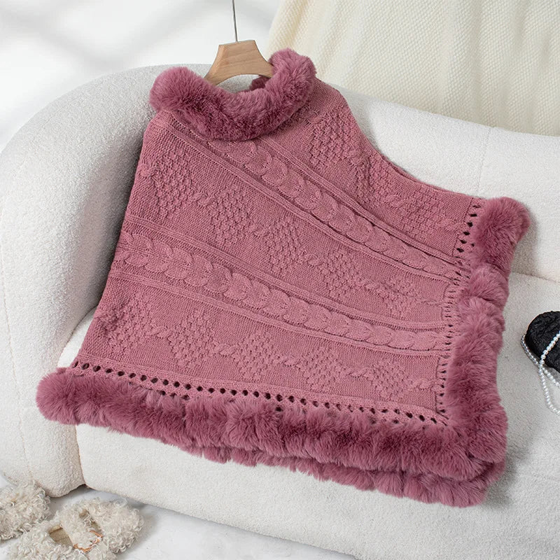 Women's Winter Women's Loose Plus Size Warm Imitation Rabbit Fur Collar Cloak Coarse Dough Twists Sweater Coat