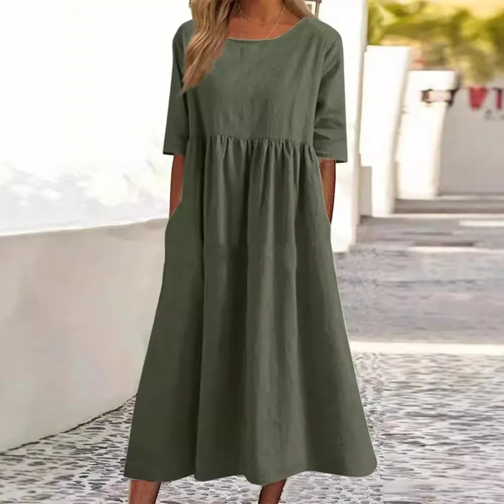 Casual Loose Long Plus Size High Waist Cotton Linen Dress.   S-5X