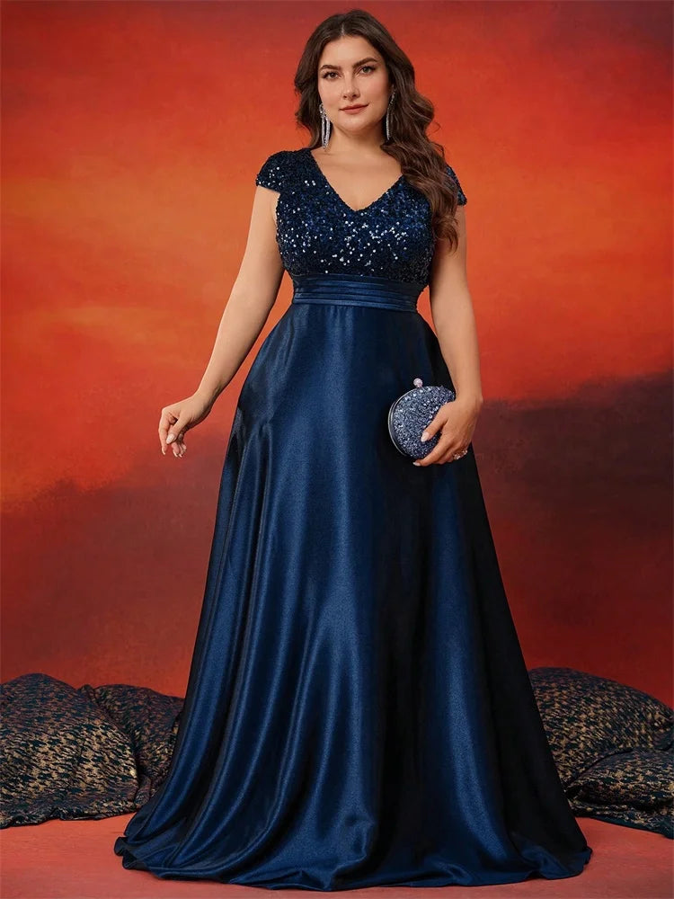 Plus Size Elegant V-Neck Sequin Evening Dress Long Luxury Satin Short Sleeves Party, Prom, Cocktail Dress