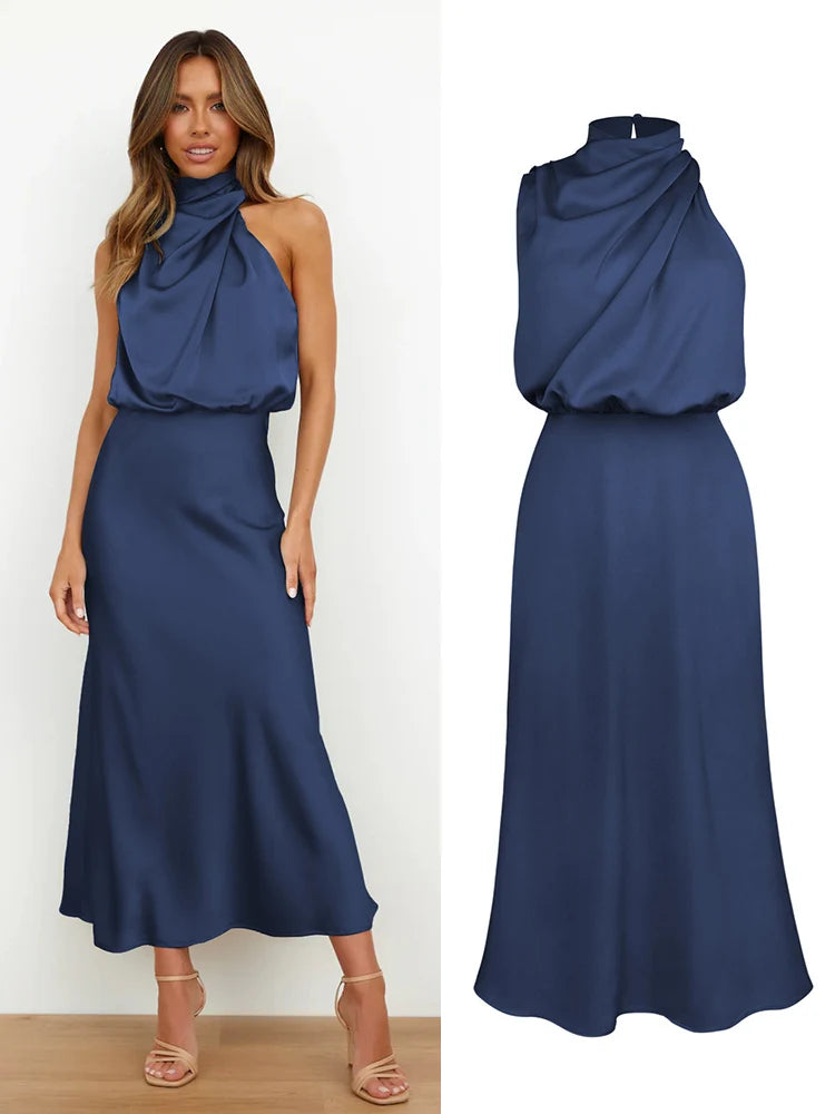 Summer High-End Silk Satin Long Dress Women Fashion Elegant Celebrity Evening Dress.  S-XL