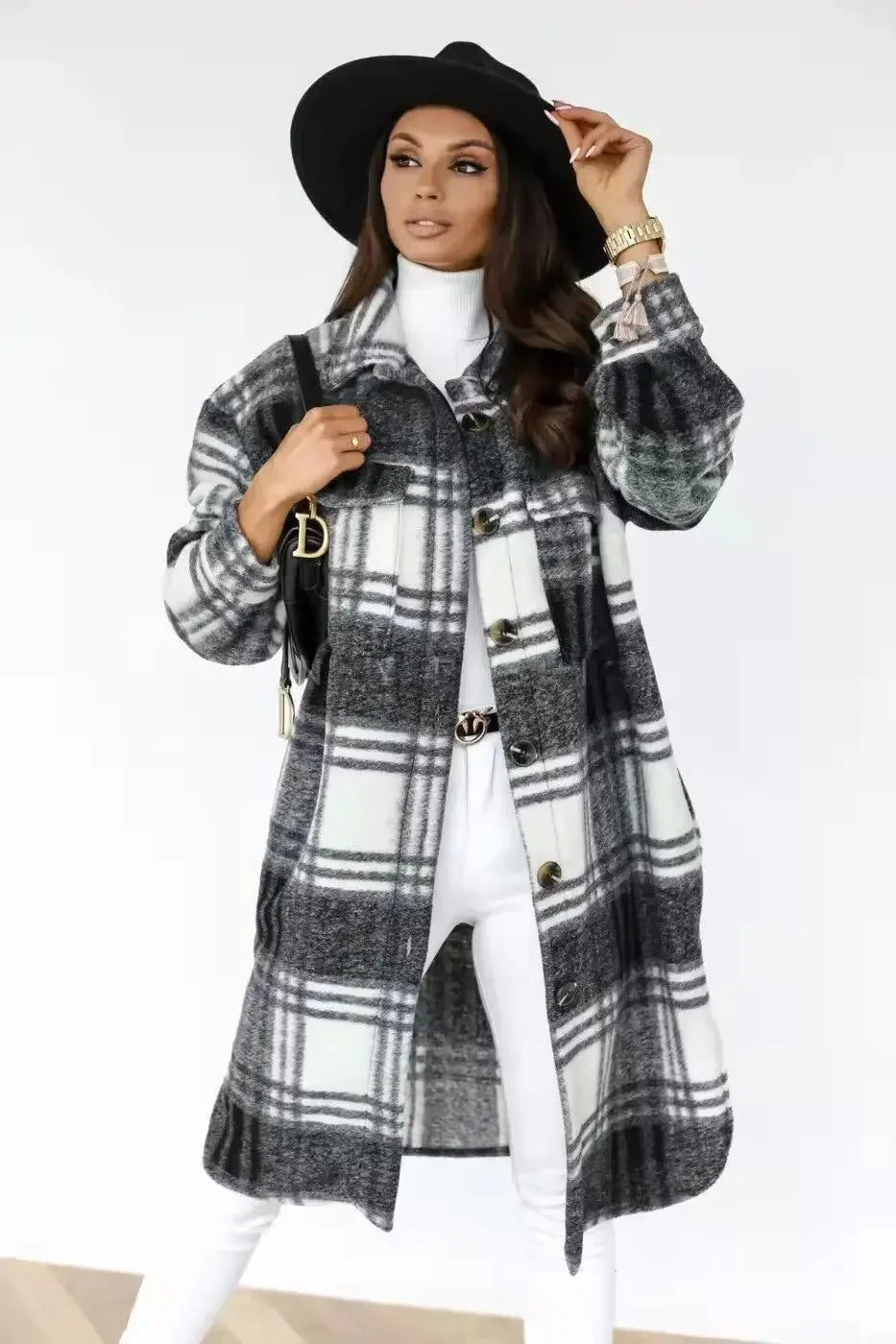 Jacket Spring and Autumn Jacket Women's Plaid Polished Long Sleeve And Pockets Outerwear.  S-2x