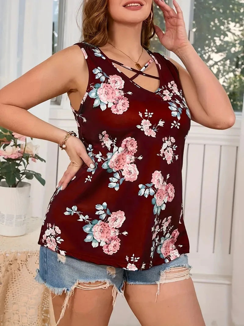 Plus Size Floral Print V-Neck Vest Tank, Soft Slight Stretch Polyester Fabric, Cross Front Detail.