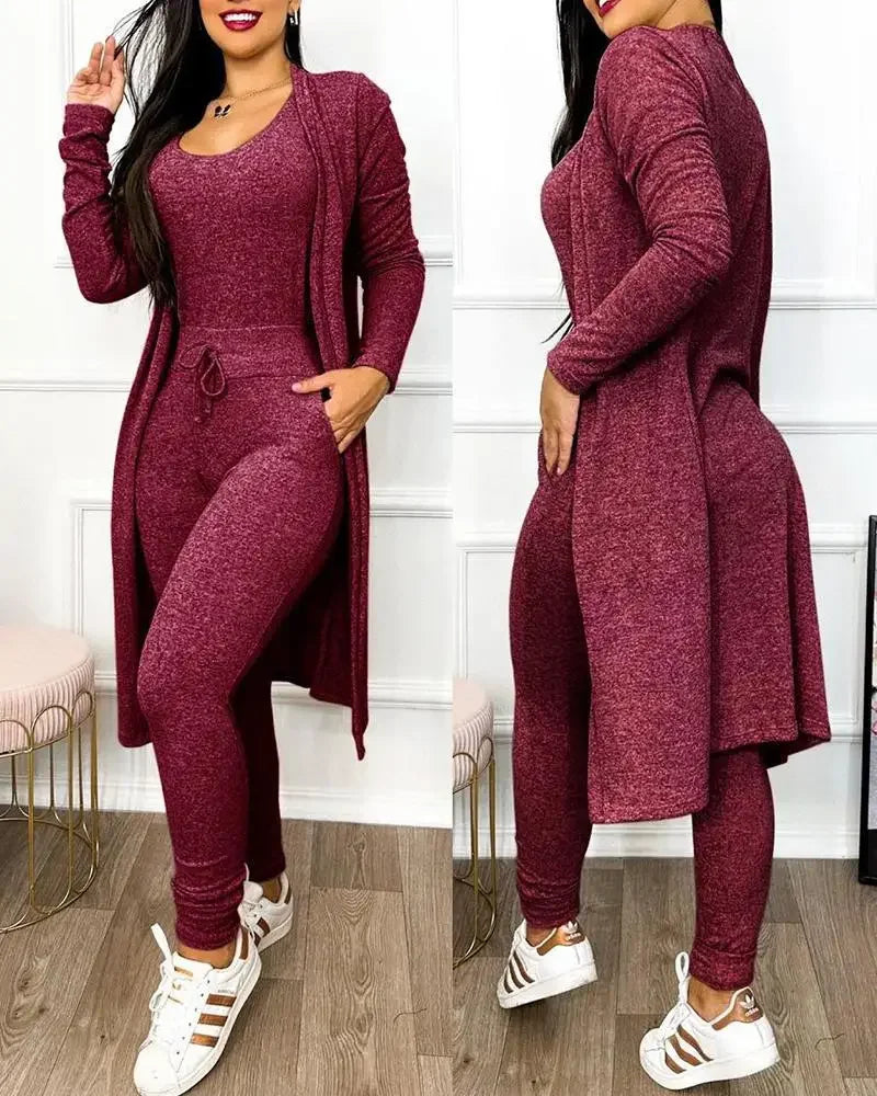 Drawstring Pocket Design Jumpsuit & Coat Set Solid Colour  Slim Fit Pencil Pants Fashion.  S-2X