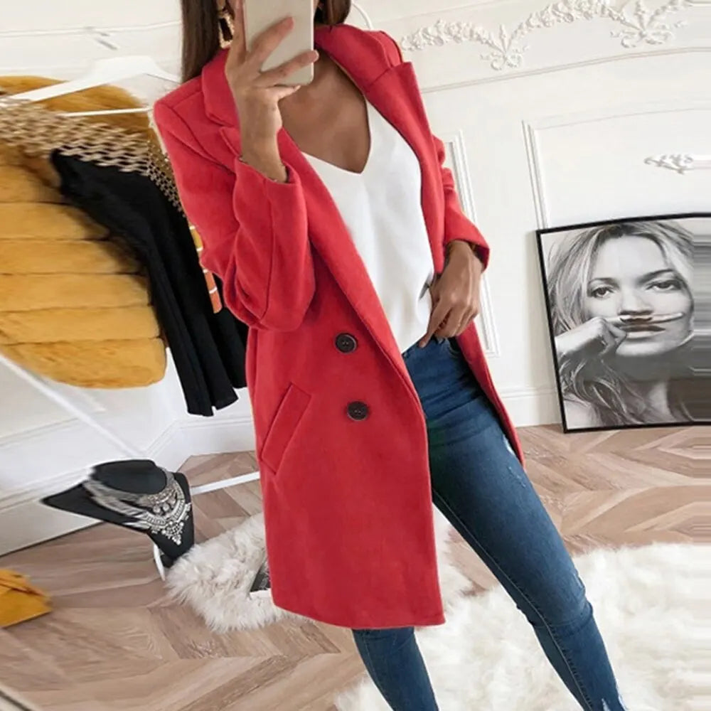Thermal Solid Woolen Coat Women Turn-down Collar Mid-Length Plus Size Double-breasted Thick Coat
