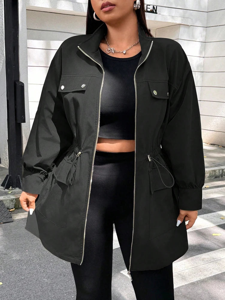 Plus Size Women's Solid Colour Jacket Casual Fashion Wind  Breaker Zipper All Season Jacket.   Xl-4X