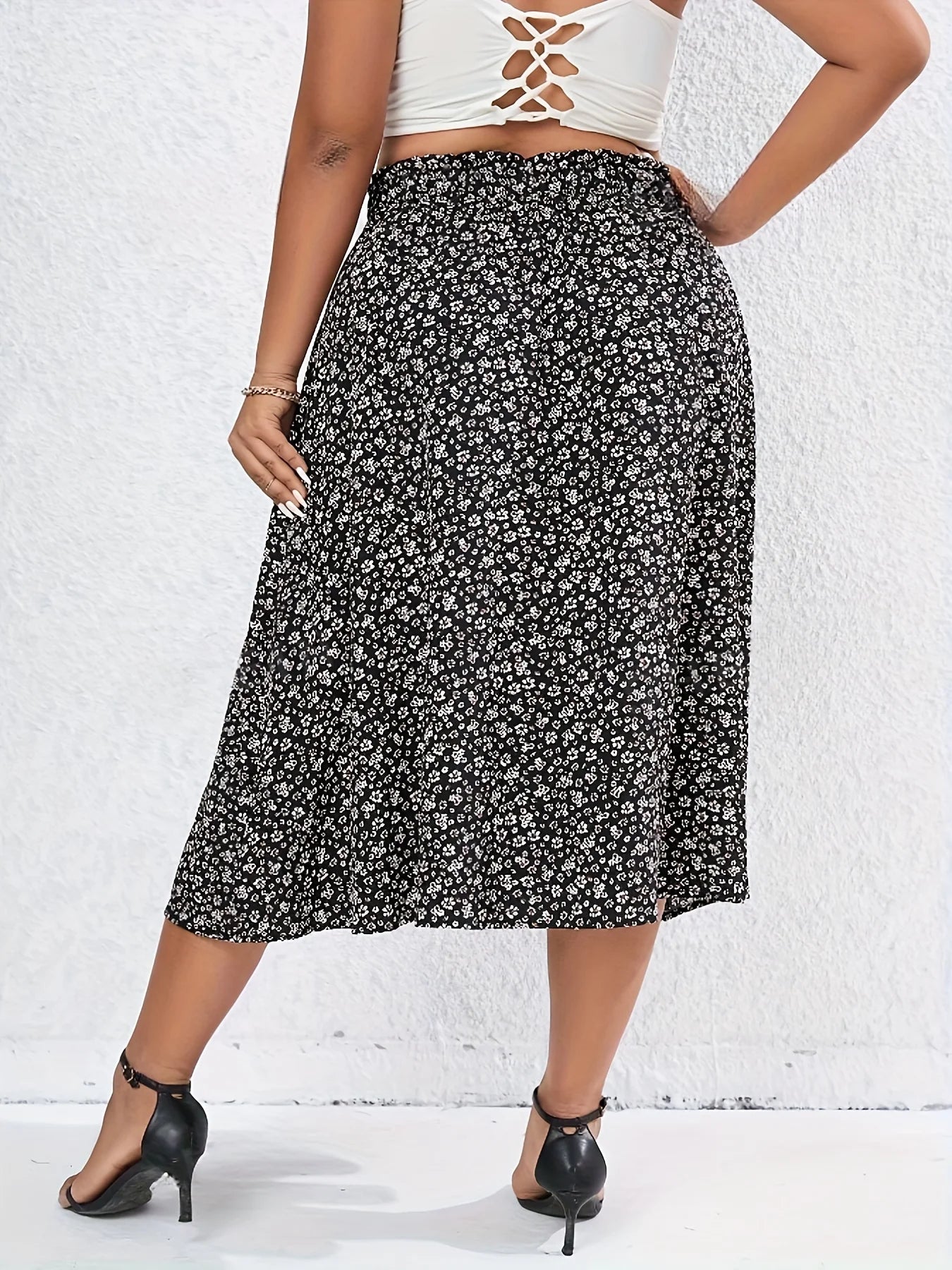 Plus Size Spring Summer Women Elegant Skirt Casual Fashion Floral Print Split Loose Long Skirt