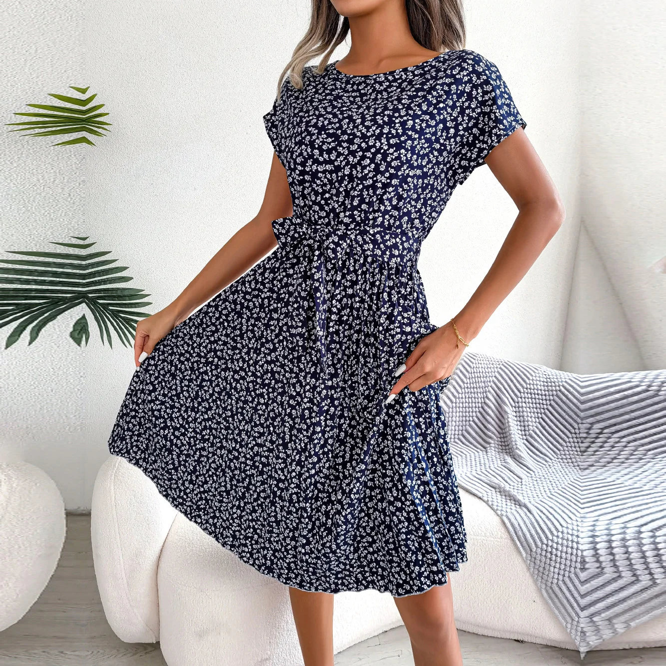 Women Spring Summer Short Sleeve High Waist Fashion Floral Pleated A Line Long Dress.  S-6X