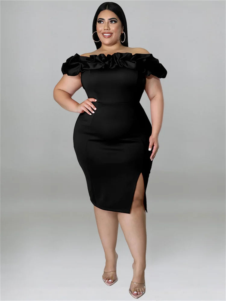 Plus Size Party Dress Ruffles Off Shoulder Solid Bodycon Elegant Midi Summer Dress