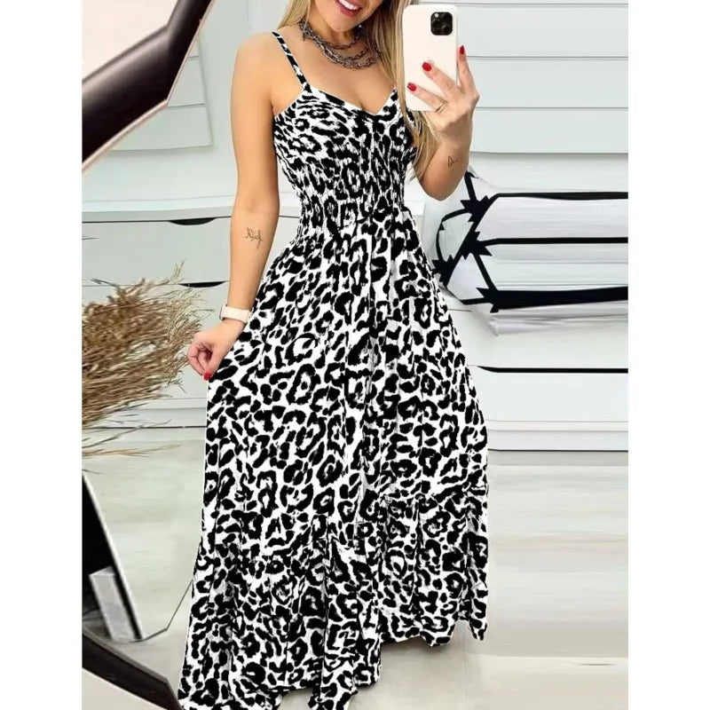 Women's Fashion Leopard Print Sexy Long Sling Summer Dress.   S-3X