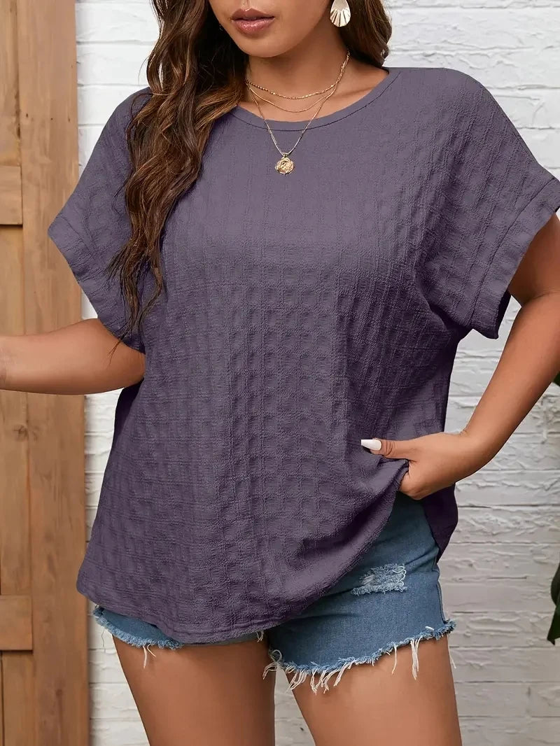 Plus Size Womens Casual Crew Neck Short Sleeve Solid Color T-Shirt - Soft Slight Stretch Polyester Fabric, Spring/Summer/Fall