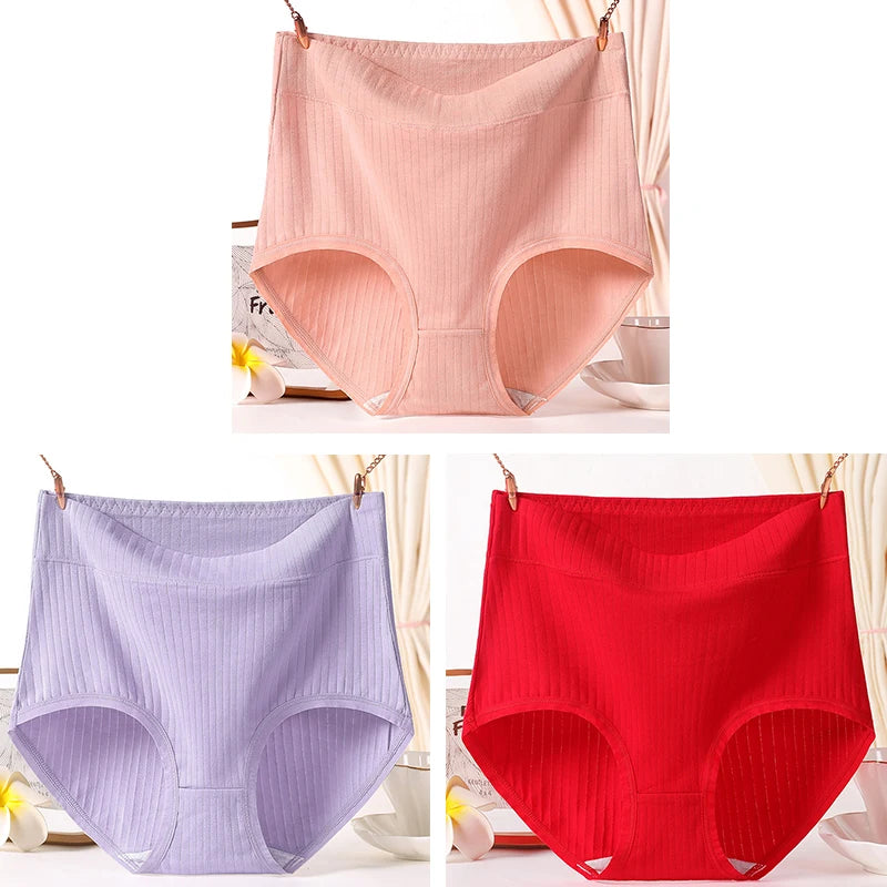 3pcs Ladies Plus Size High Quality Cotton Panties High Waist Breathable Briefs Solid Colour.