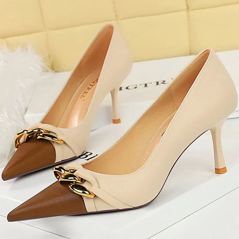 Western Style Women Shoes 7cm Thin Heel Mixed Colors Pointed Toe Metal Chain Decoration Fashion Pumps