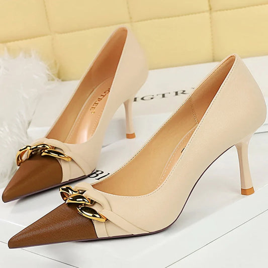 Western Style Women Shoes 7cm Thin Heel Mixed Colors Pointed Toe Metal Chain Decoration Fashion Pumps