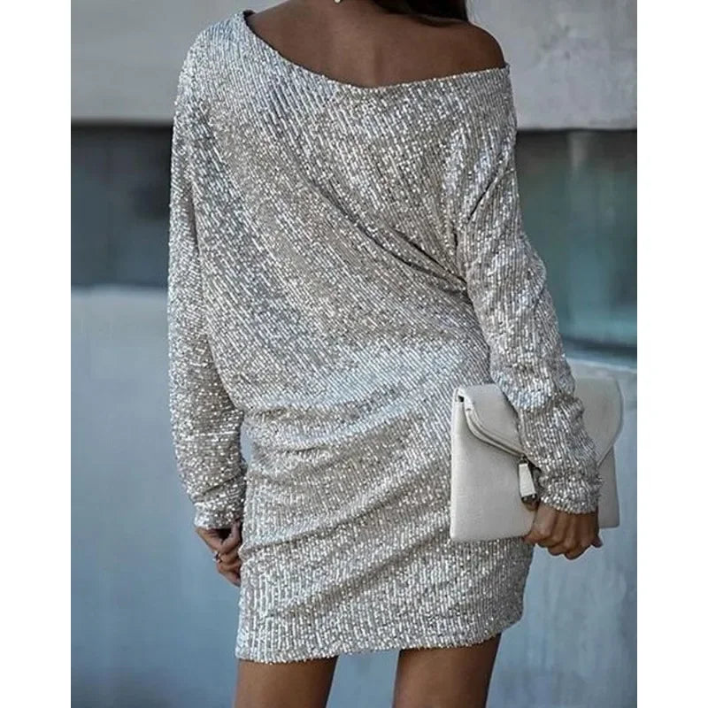 Sexy Slim-Fit Sequined Dress Long Sleeve Off Shoulder Slash Neck Party Formal Dress.  S-2X