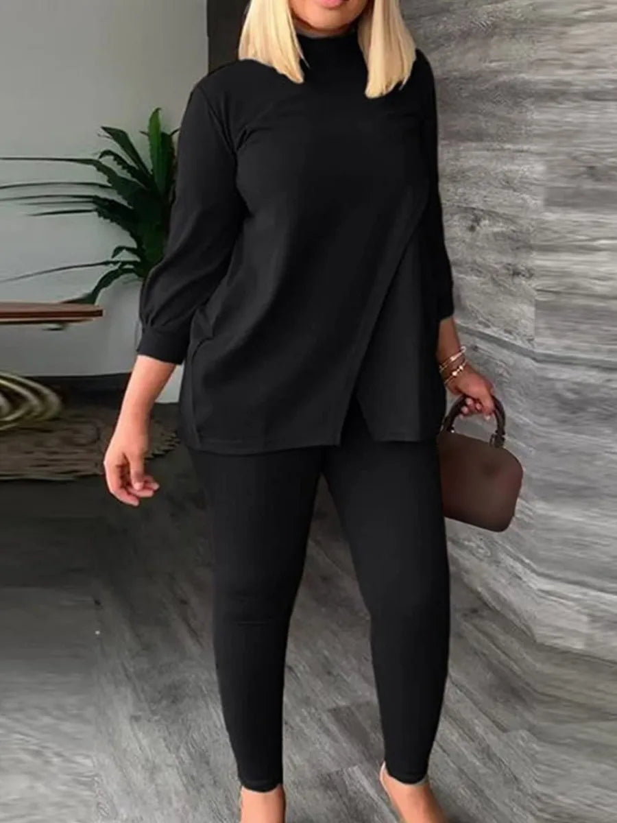 Plus Size Turtleneck Split Pants Set Solid Colour Loose Casual Slim Pants Two Piece Set