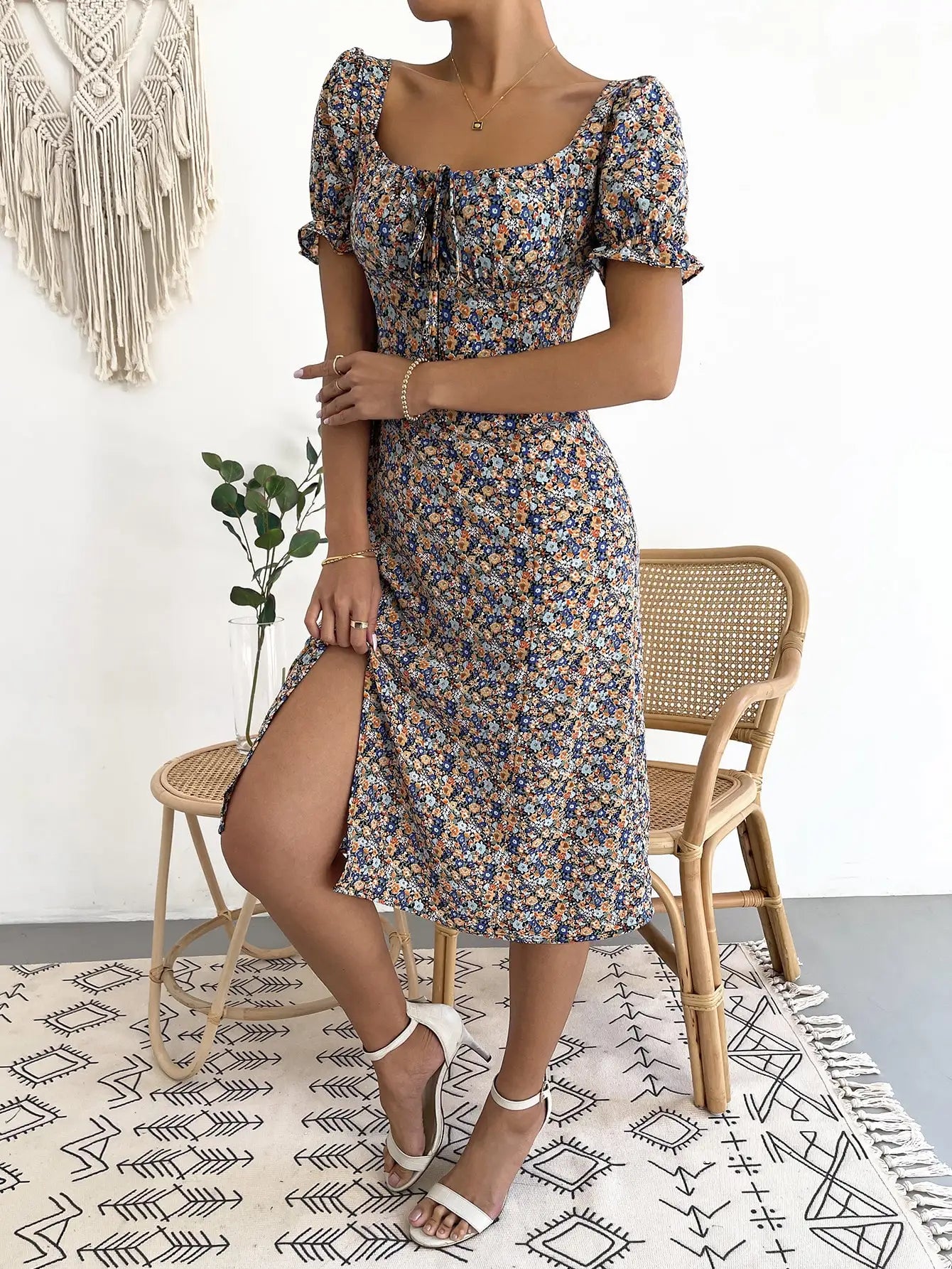 Elegant fashion women's dress, elegant print slit dress.  xS-2x