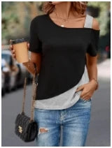Chic Color Blocking Short Sleeved Women Solid Colour Off Shoulder Summer Casual Top.  S-3x