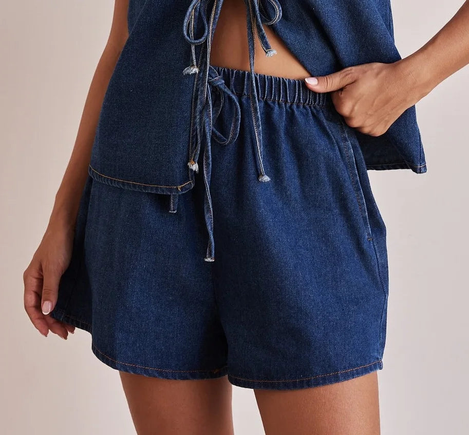 Denim 2 Piece Casual 2025 Sleeveless Tank Top Lace Up High Waist Shorts Suit.  S-XXL
