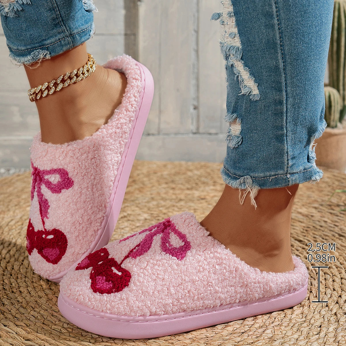 Women's Cherry Bow Fuzzy Slippers - Cute Winter Home Shoes