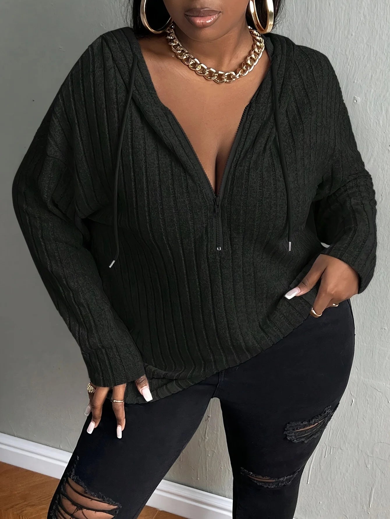 European plus size new casual solid colour half zipper hooded sweatshirt