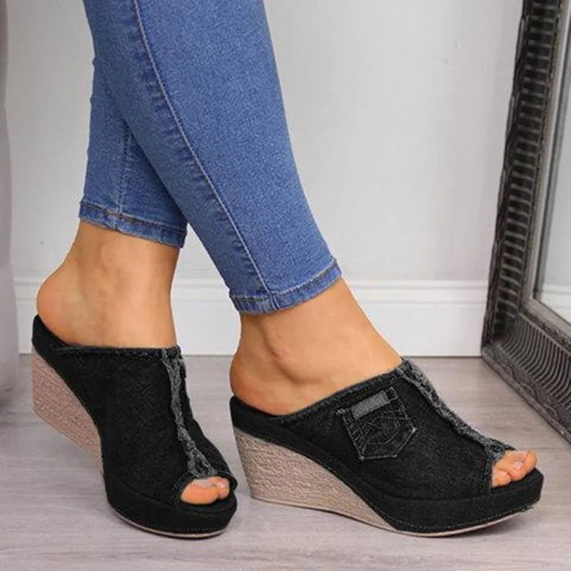 Women's Summer New Denim Western Style Fashion Retro Wedge Platform Peep Toe Sandal Mules.  35-43