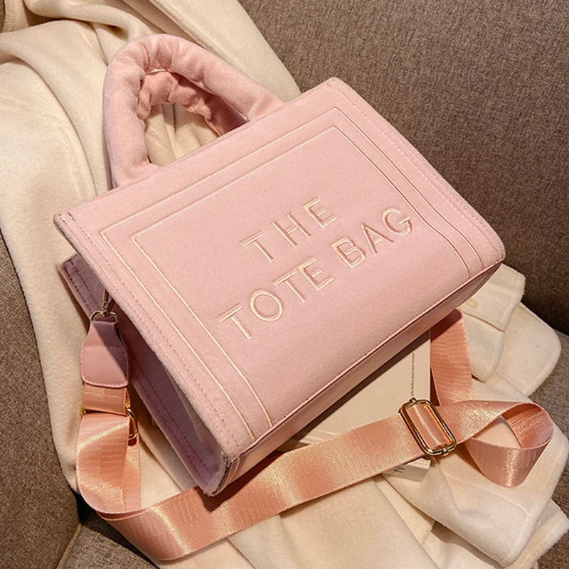 Women's Velour Tote Original Letter Print Square Stylish Soft Shoulder Bag