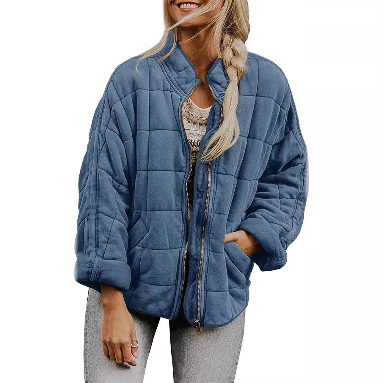 Solid Colour Stand-up Neck Cotton Jacket New Loose Pocket Long-sleeved.  S-2X