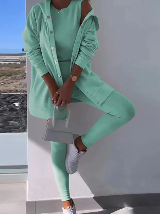 O-Neck Top Long Sweater Matching Set,Solid Three Piece Outfit, .  S-3x