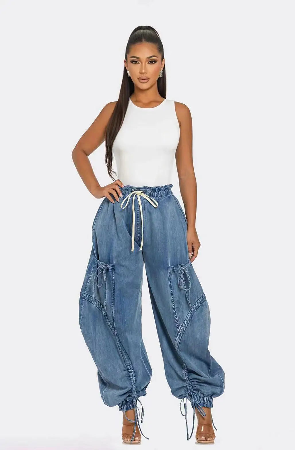 Lace Up Wide Leg Jeans Cargo Pant Sexy Women High Waist Elegant Street-wear Denim Loose Trousers.  S-2X