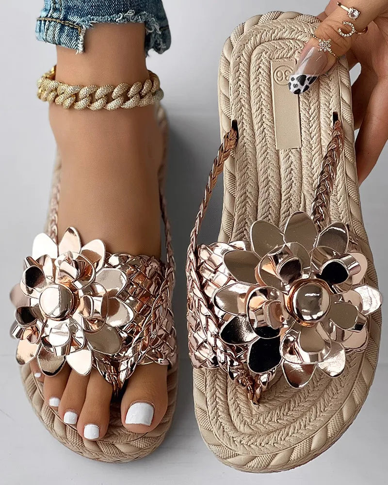 Women Solid Or Ombre Pattern Braided Casual Sandal Holographic Braided Floral Pattern