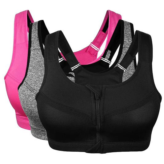 Front Zipper Curvy Size Sports Bra, Push Up Fitness Top Bra, Gym Workout Running Yoga Bra