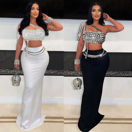 Rhinestone 2 Piece Skirt Set Elegant Luxury Long Skirt Summer Outfit Crop Top Two Piece Set.  S-2x
