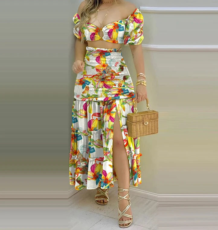2 Piece Set Women Outfit Great Vacation And Everyday Wear Floral Print Crop Top Shirt +Slit High Waist Women Maxi Skirt.  S-3x