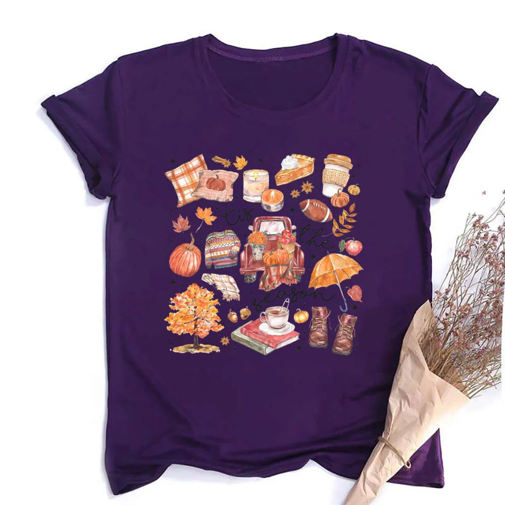 Women's Fall Shirt Pumpkin Season Short Sleeves Fashion Fall Harvest  Tshirt .  S-2X