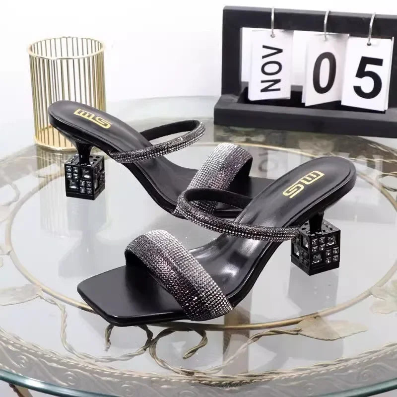 2025 Women's Heels Square Toe Rhinestone Shoes .  Zapatillas De Mujer
