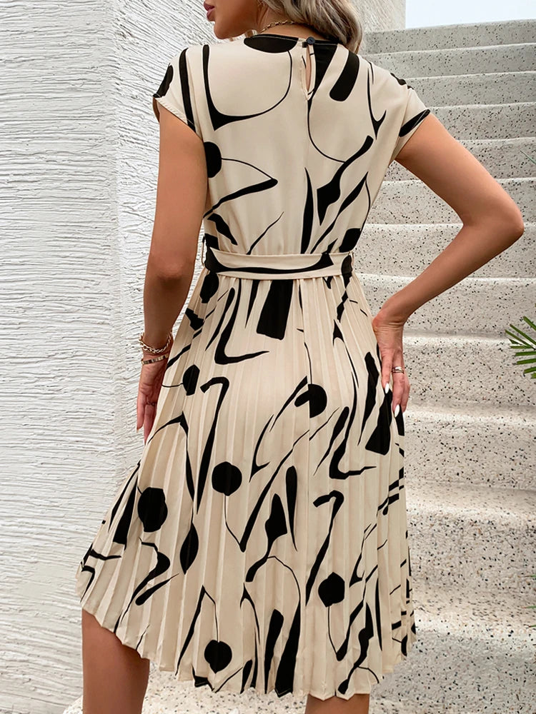 Summer Europe hot selling pleated round neck flare dress.