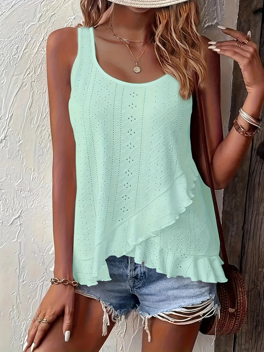 New 2025 Spring Summer Elegant Plus-Size Round Neck Sleeveless Top Solid Color with Lace Details and Irregular Ruffled Hem .  1X-5X