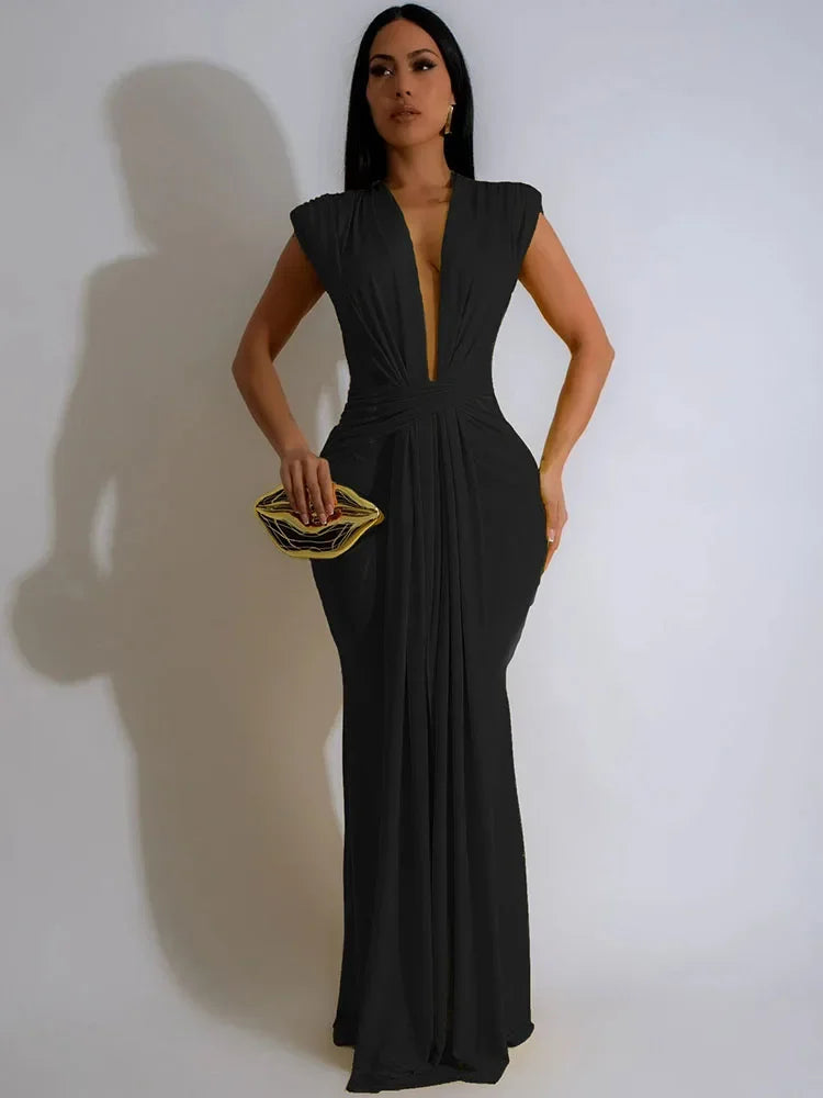 Elegant Ruched Body-con Maxi Dress for Women Party Evening Deep V-neck Sheath Celebrity Formal Long Dress.  S-2X