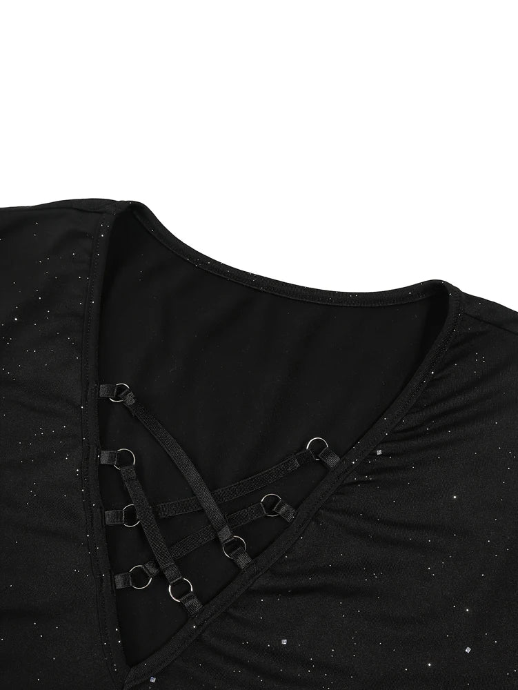 Plus Size Womens Glitter Criss Cross Deep V Neck Long Sleeve Shirt Party Top Sequins Airy Elegant Top