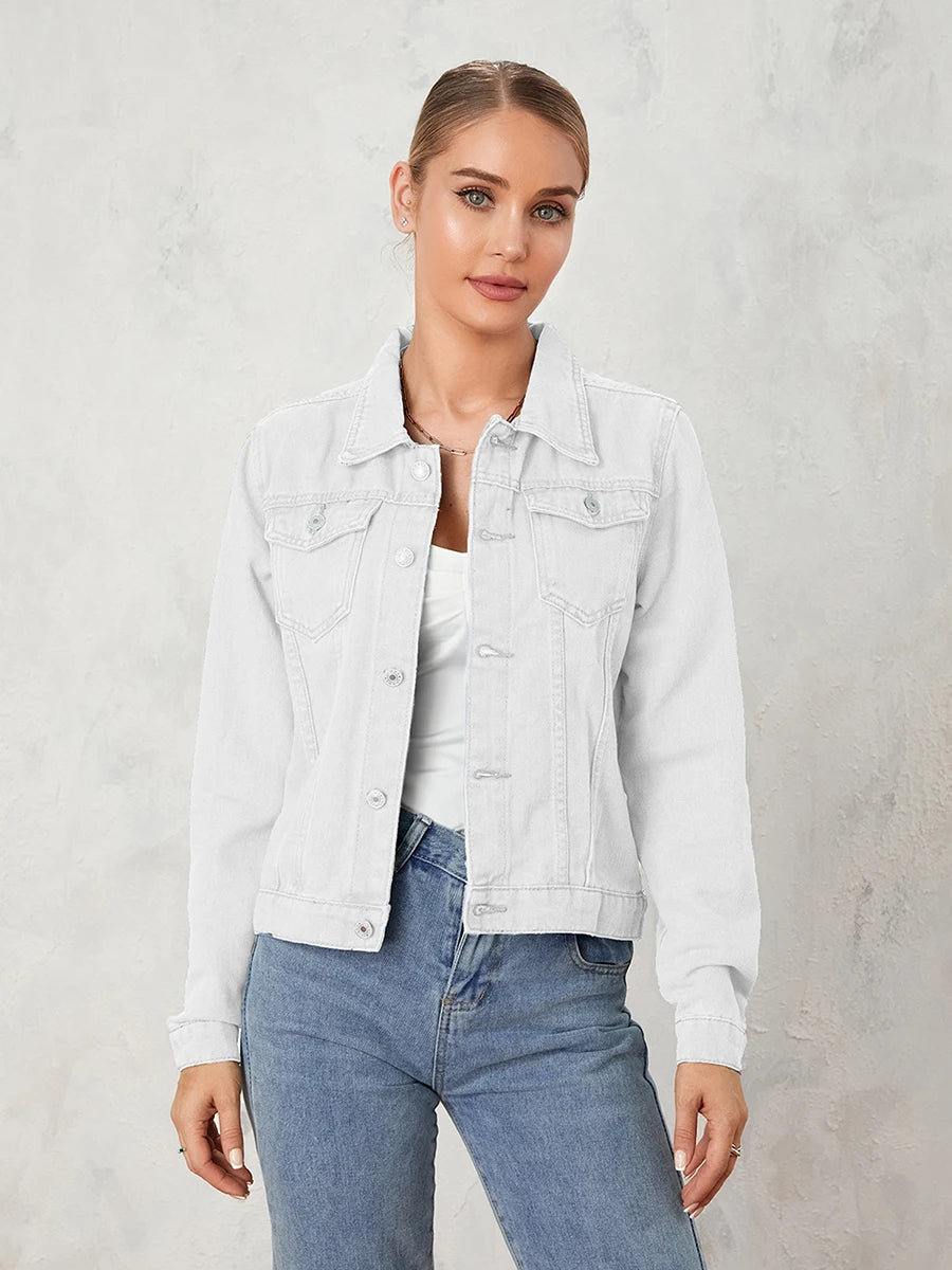 Denim Jacket For Women Solid Colour Casual Long Sleeve Button Down Chest Pocket Jean Jacket.   S-2x
