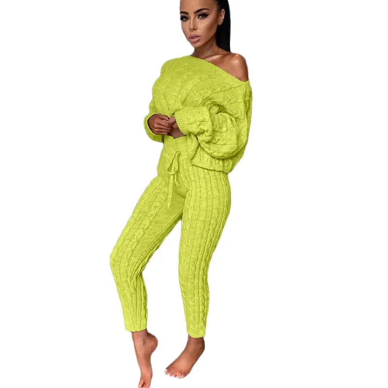 Ladies Comfy Two Piece Set Autumn and Winter Wear Pant Suit Solid Casual Knitted Sweater Set