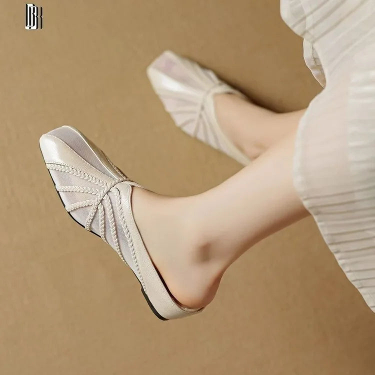 Women's Mesh Hollow Splicing Wedge Heel Mules Shoes Summer Cool and Comfortable Breathable Inner Height Increase Baotou Slippers