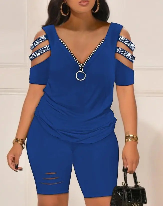 Casual Two Piece Set Short Sleeve Rhinestone Cold Shoulder Top & High Waist Shorts Set.