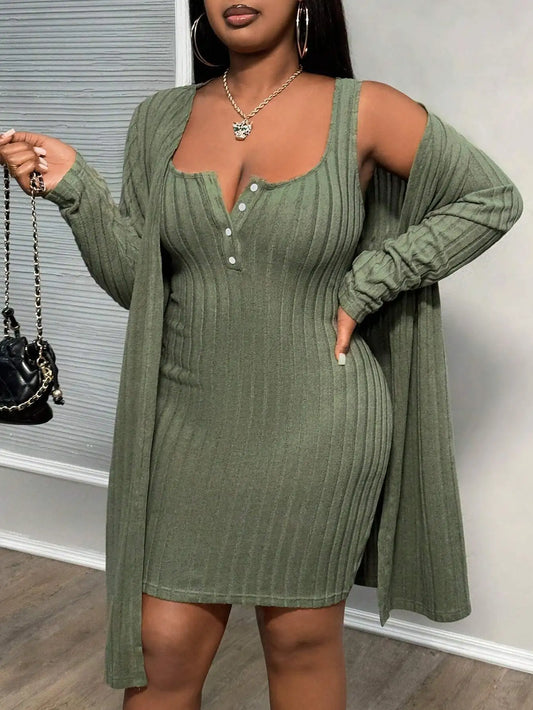 Curvy Size Two Piece Ladies Ribbed Elegant Two Piece Dress Set.